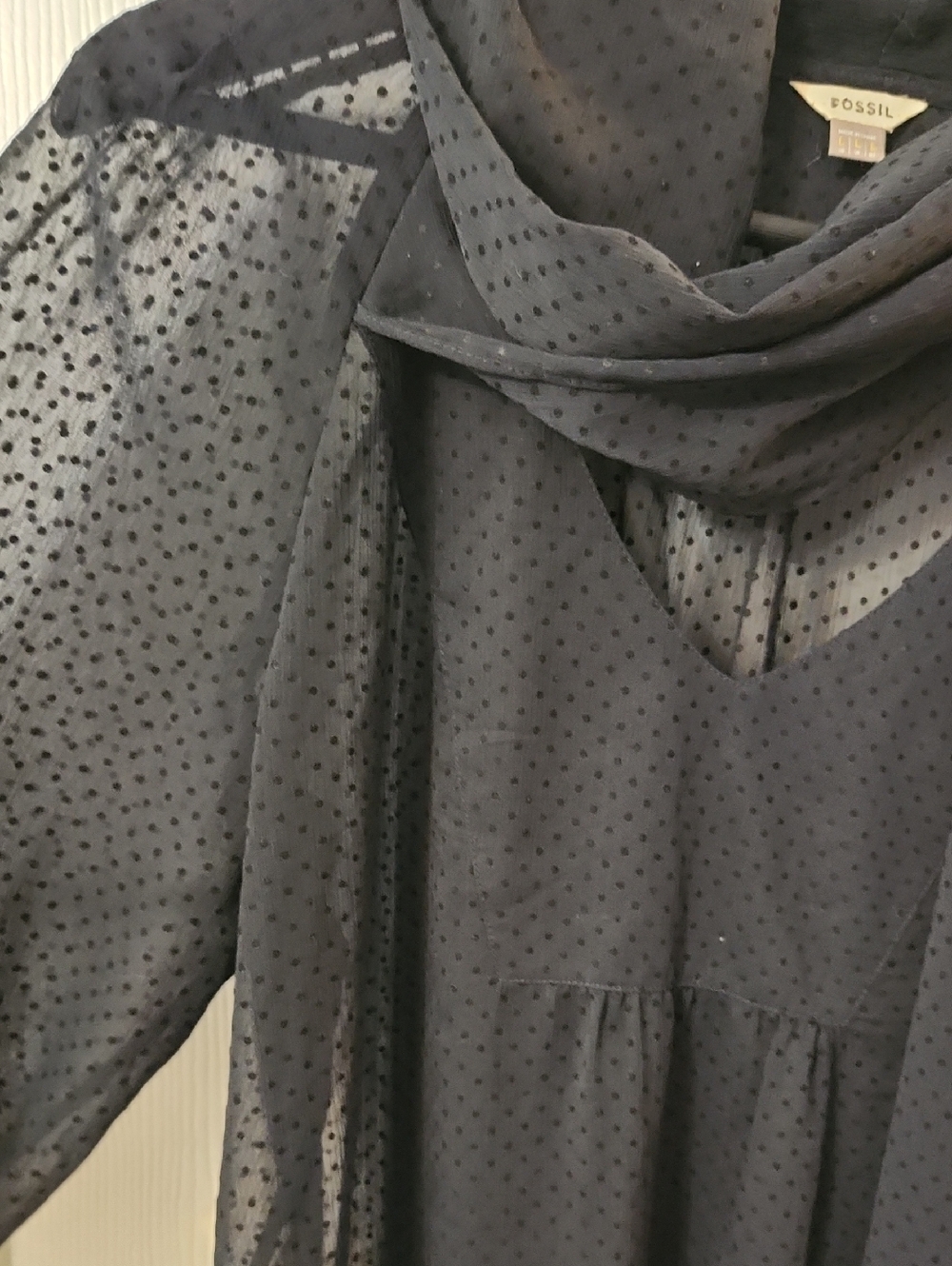 Fossill Sheer Swiss Polka Dot Tie-Neck Blouse - Black - Picture 5 of 8
